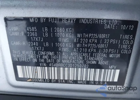 2013 Subaru Outback 2.5I Premium из США, поврежденный, VIN 4S4BRBCC3D1250702